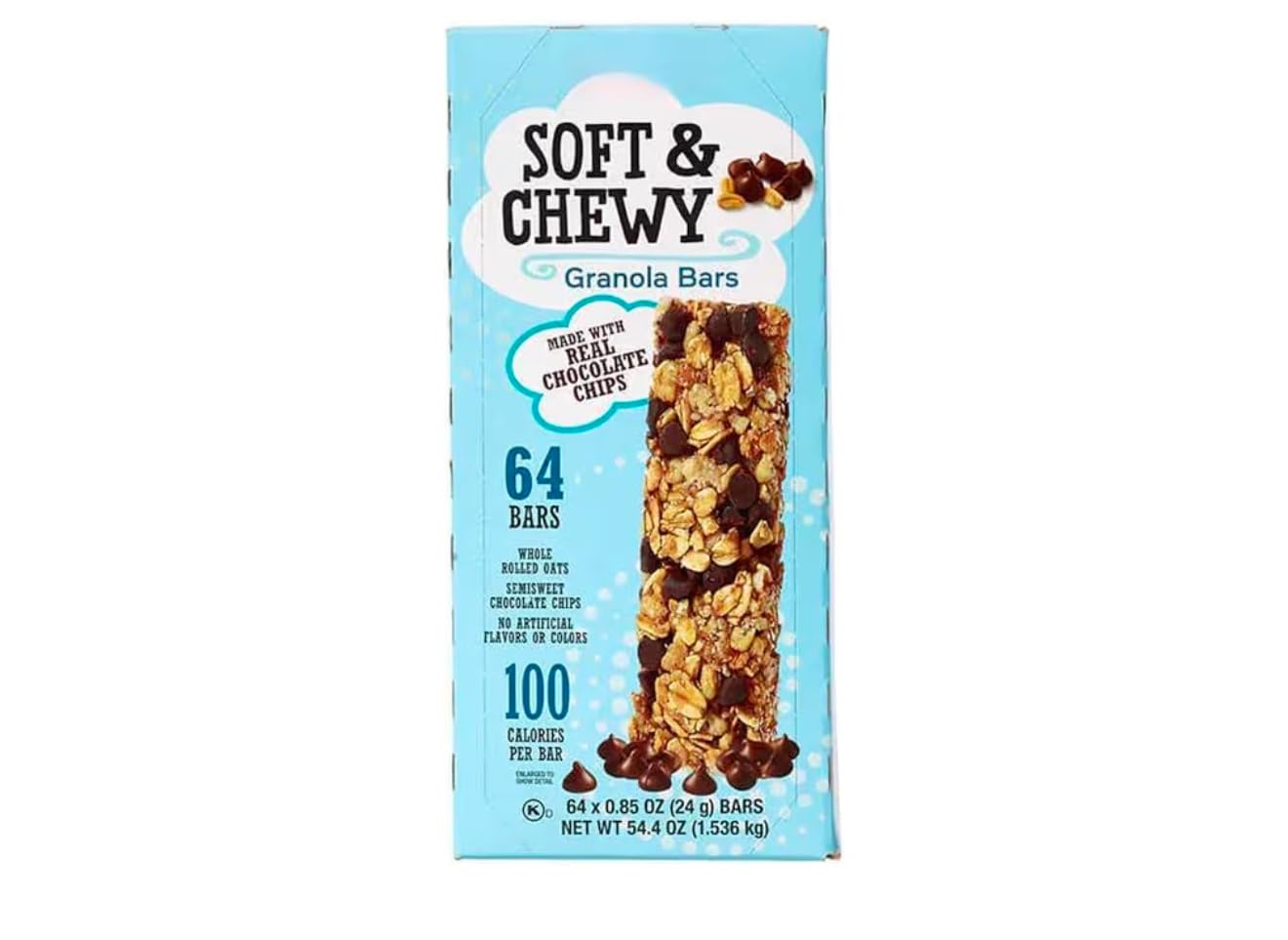 Soft & Chewy Chocolate Chip Granola Bars – 3 Boxes (192 Total Bars), Made with Whole Rolled Oats, Individually Wrapped Snack Bars for Lunchboxes, Office & Travel