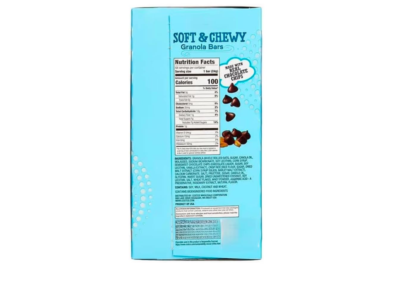 Soft & Chewy Chocolate Chip Granola Bars – 3 Boxes (192 Total Bars), Made with Whole Rolled Oats, Individually Wrapped Snack Bars for Lunchboxes, Office & Travel
