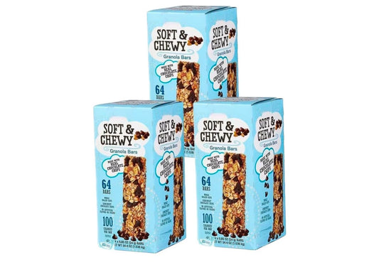 Soft & Chewy Chocolate Chip Granola Bars – 3 Boxes (192 Total Bars), Made with Whole Rolled Oats, Individually Wrapped Snack Bars for Lunchboxes, Office & Travel