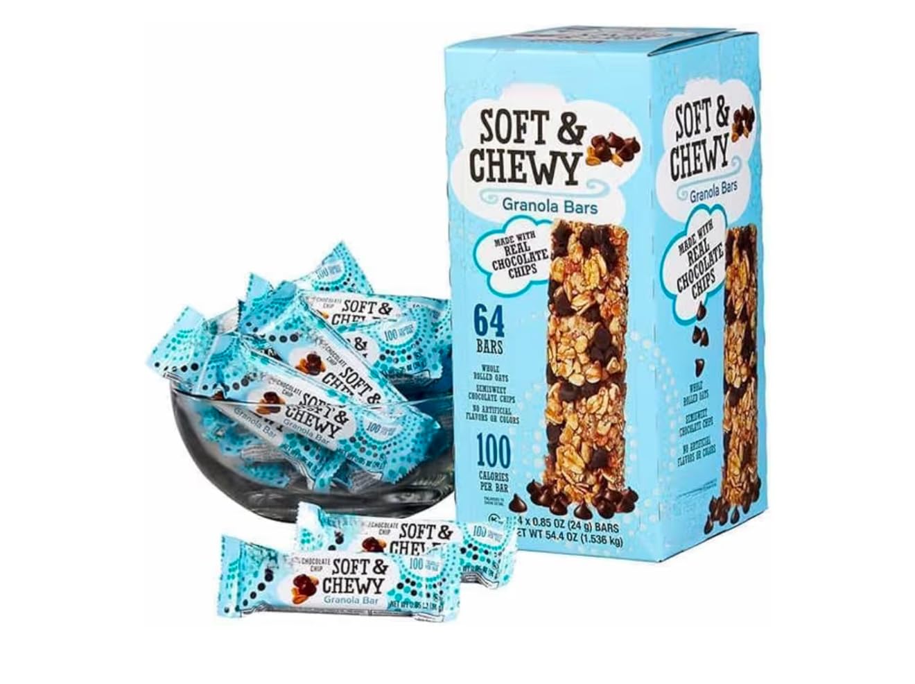 Soft & Chewy Chocolate Chip Granola Bars – 3 Boxes (192 Total Bars), Made with Whole Rolled Oats, Individually Wrapped Snack Bars for Lunchboxes, Office & Travel