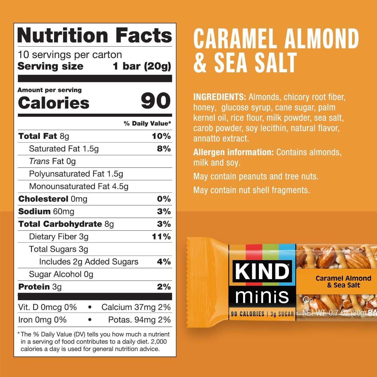 KIND Mini Snack Bars Variety Pack, Gluten Free, Low Sugar, Low Calorie Snacks, Dark Chocolate Nuts & Sea Salt, Caramel Almond & Sea Salt, 20 Count