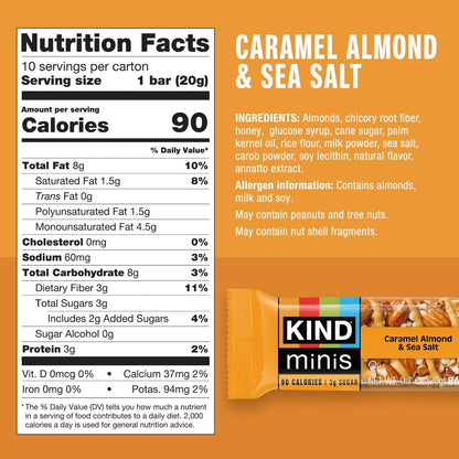 KIND Mini Snack Bars Variety Pack, Gluten Free, Low Sugar, Low Calorie Snacks, Dark Chocolate Nuts & Sea Salt, Caramel Almond & Sea Salt, 20 Count