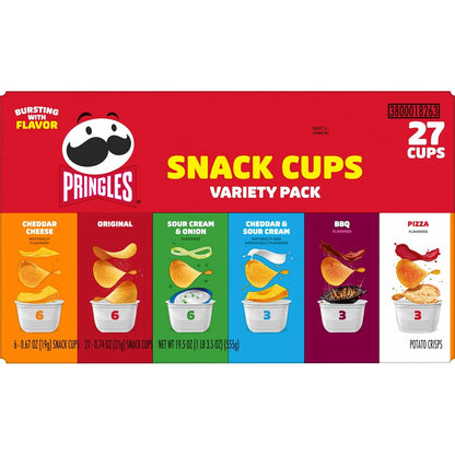 Pringles Potato Crisps Chips, Lunch Snacks, Snack Cups, Variety Pack, 19.5oz Box (27 Cups)