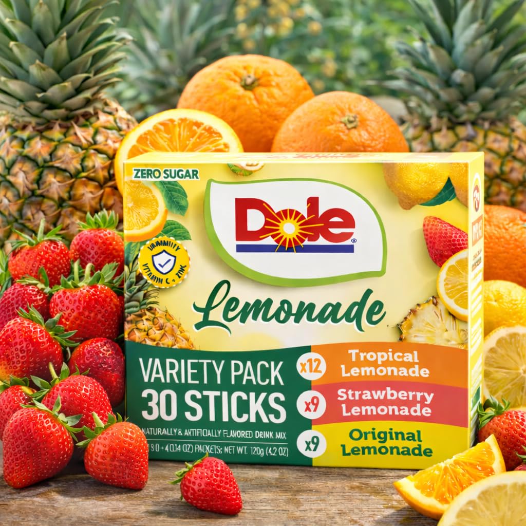 Dole Lemonade Sugar-Free Drink Mix Variety Pack, 60 On-the-Go Packets | Tropical, Classic Lemonade & Strawberry flavors, Includes Galley Grove Sugar-Free Mints
