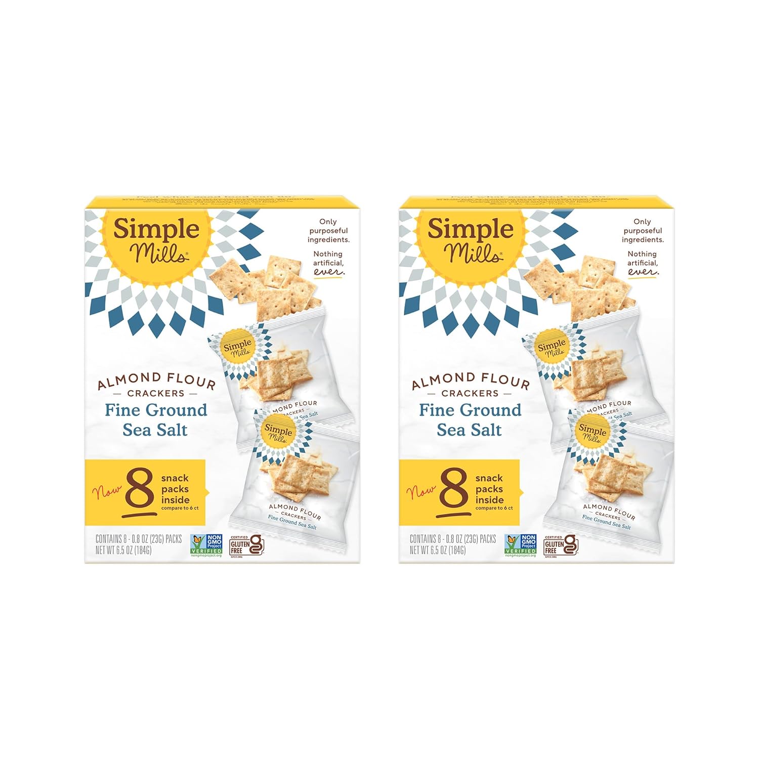 Simple Mills Almond Flour Crackers Snack Packs, Sea Salt, Gluten Free, Flax Seed, Sunflower Seeds, Corn Free, Good for Snacks, 6.5 oz, Pack of 2 (8 Bags per Box)