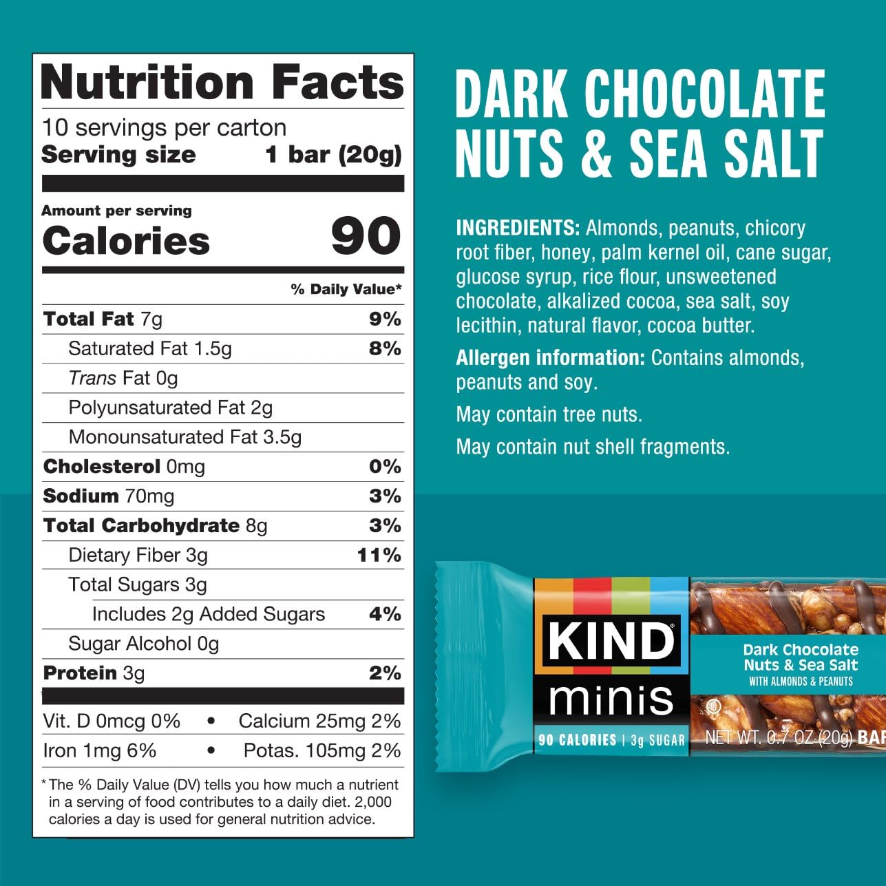 KIND Mini Snack Bars Variety Pack, Gluten Free, Low Sugar, Low Calorie Snacks, Dark Chocolate Nuts & Sea Salt, Caramel Almond & Sea Salt, 20 Count
