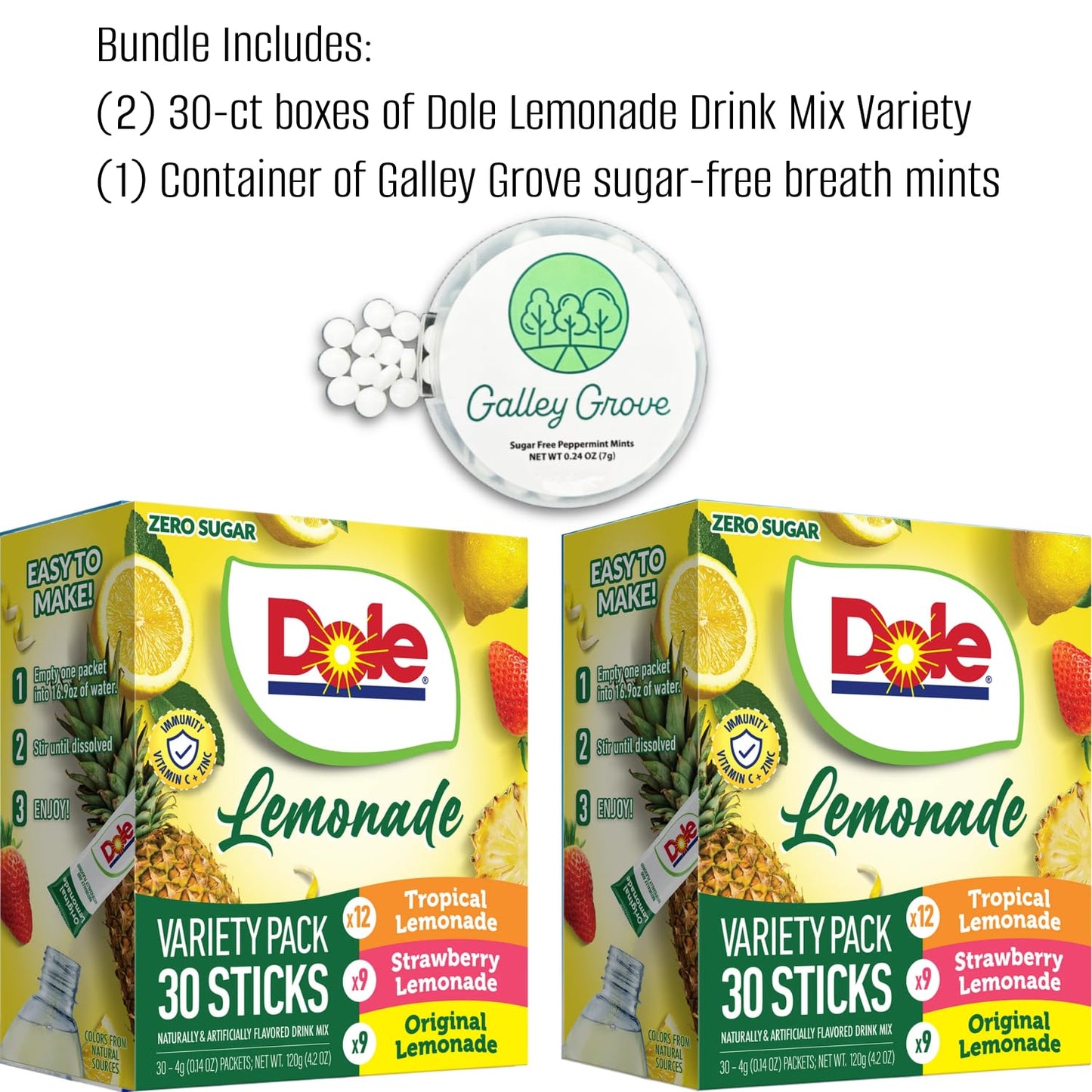 Dole Lemonade Sugar-Free Drink Mix Variety Pack, 60 On-the-Go Packets | Tropical, Classic Lemonade & Strawberry flavors, Includes Galley Grove Sugar-Free Mints