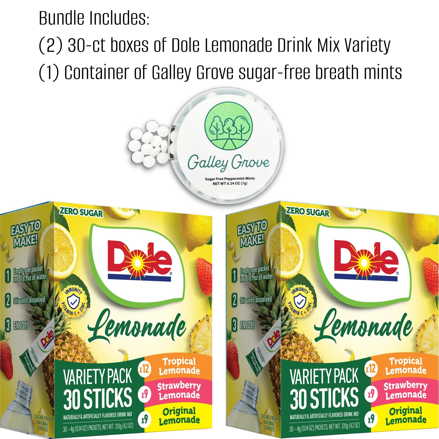 Dole Lemonade Sugar-Free Drink Mix Variety Pack, 60 On-the-Go Packets | Tropical, Classic Lemonade & Strawberry flavors, Includes Galley Grove Sugar-Free Mints