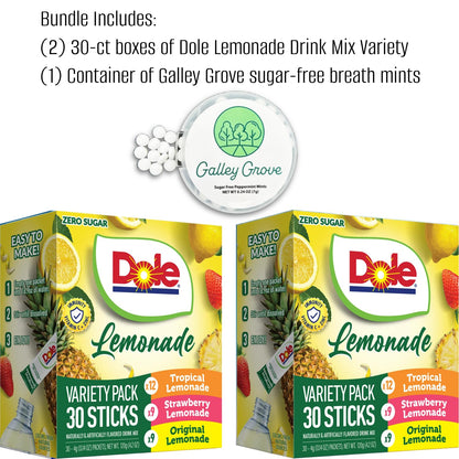 Dole Lemonade Sugar-Free Drink Mix Variety Pack, 60 On-the-Go Packets | Tropical, Classic Lemonade & Strawberry flavors, Includes Galley Grove Sugar-Free Mints