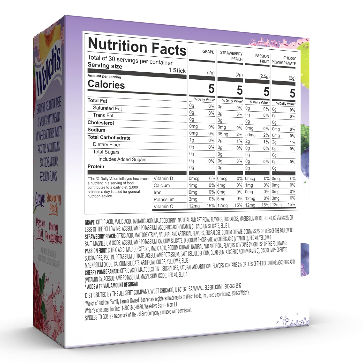 Welch's Singles To Go Variety Pack, Watertok Powdered Drink Mix, Includes 4 Flavors, Grape, Passion fruit, Strawberry Peach, Cherry Pomegranate, 1 Box (30 Servings)