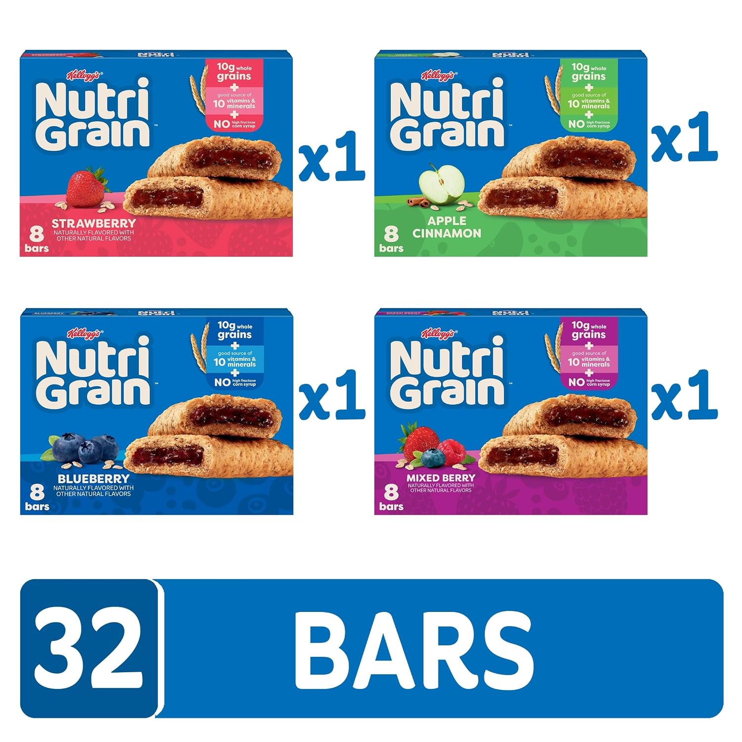 Nutri-Grain Breakfast Bars, Made with 10g Whole Grains, Kids Snacks, 4-Flavor Variety Pack (4 Boxes, 32 Bars)