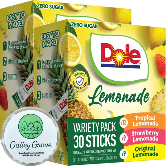 Dole Lemonade Sugar-Free Drink Mix Variety Pack, 60 On-the-Go Packets | Tropical, Classic Lemonade & Strawberry flavors, Includes Galley Grove Sugar-Free Mints