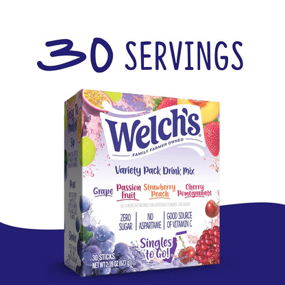 Welch's Singles To Go Variety Pack, Watertok Powdered Drink Mix, Includes 4 Flavors, Grape, Passion fruit, Strawberry Peach, Cherry Pomegranate, 1 Box (30 Servings)