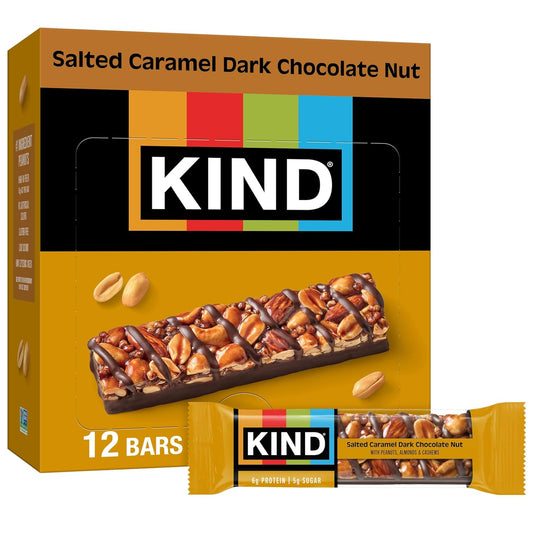 KIND Healthy Snacks Bars, Salted Caramel Dark Chocolate Nut, Gluten Free, Low Sugar, High Fiber Snacks, 6g Protein, 12 Count