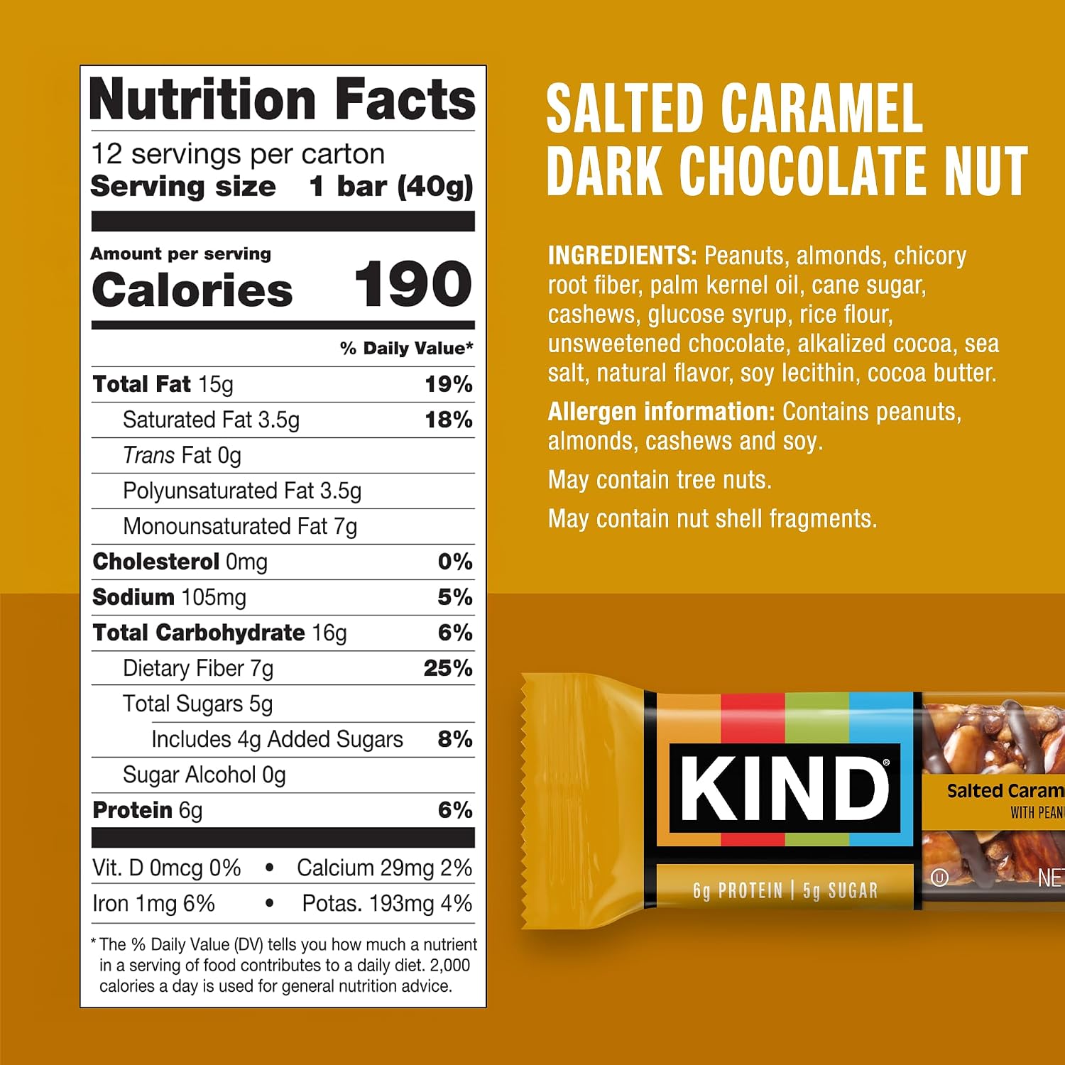 KIND Healthy Snacks Bars, Salted Caramel Dark Chocolate Nut, Gluten Free, Low Sugar, High Fiber Snacks, 6g Protein, 12 Count