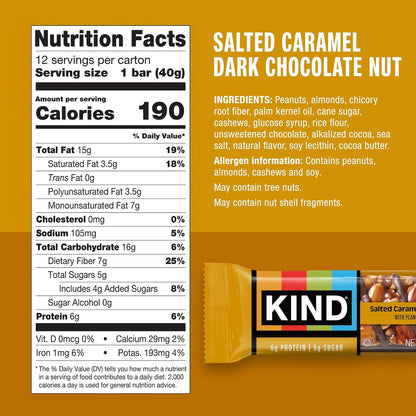 KIND Healthy Snacks Bars, Salted Caramel Dark Chocolate Nut, Gluten Free, Low Sugar, High Fiber Snacks, 6g Protein, 12 Count
