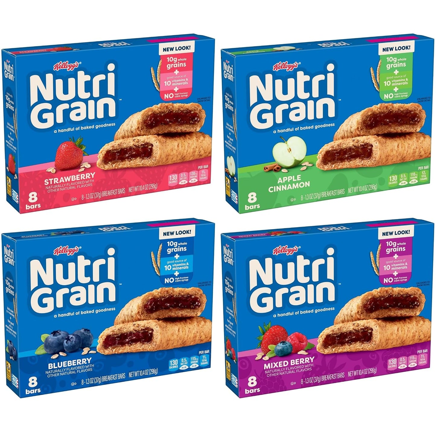 Nutri-Grain Breakfast Bars, Made with 10g Whole Grains, Kids Snacks, 4-Flavor Variety Pack (4 Boxes, 32 Bars)