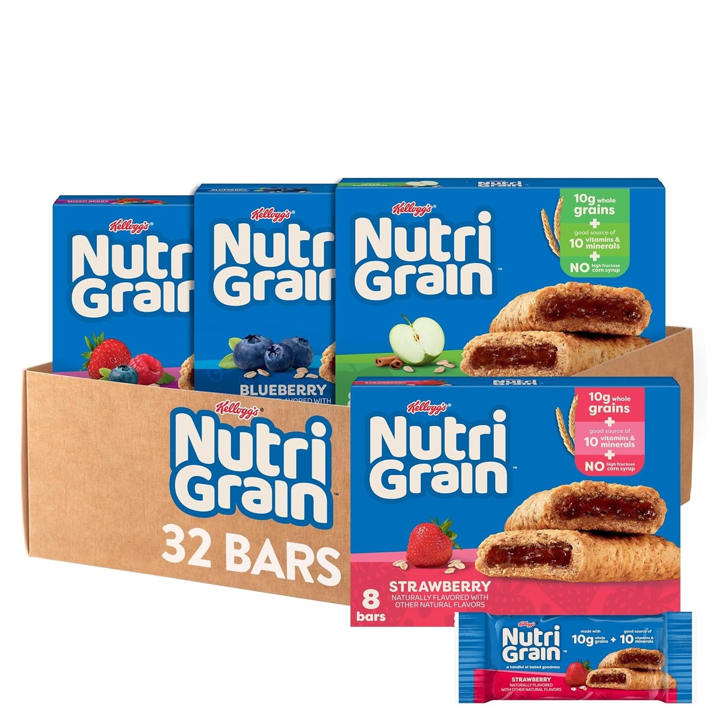 Nutri-Grain Breakfast Bars, Made with 10g Whole Grains, Kids Snacks, 4-Flavor Variety Pack (4 Boxes, 32 Bars)