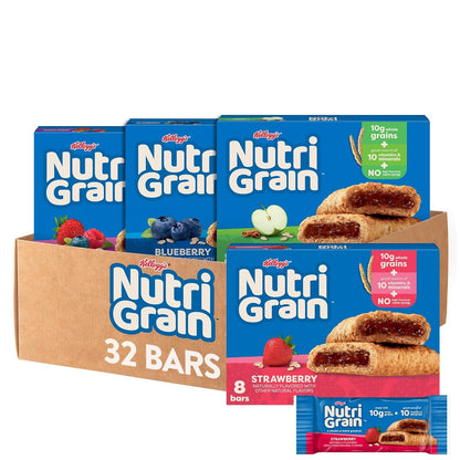 Nutri-Grain Breakfast Bars, Made with 10g Whole Grains, Kids Snacks, 4-Flavor Variety Pack (4 Boxes, 32 Bars)