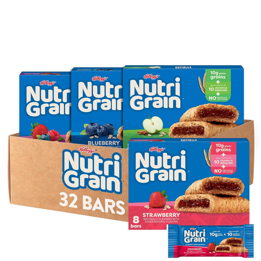 Nutri-Grain Breakfast Bars, Made with 10g Whole Grains, Kids Snacks, 4-Flavor Variety Pack (4 Boxes, 32 Bars)