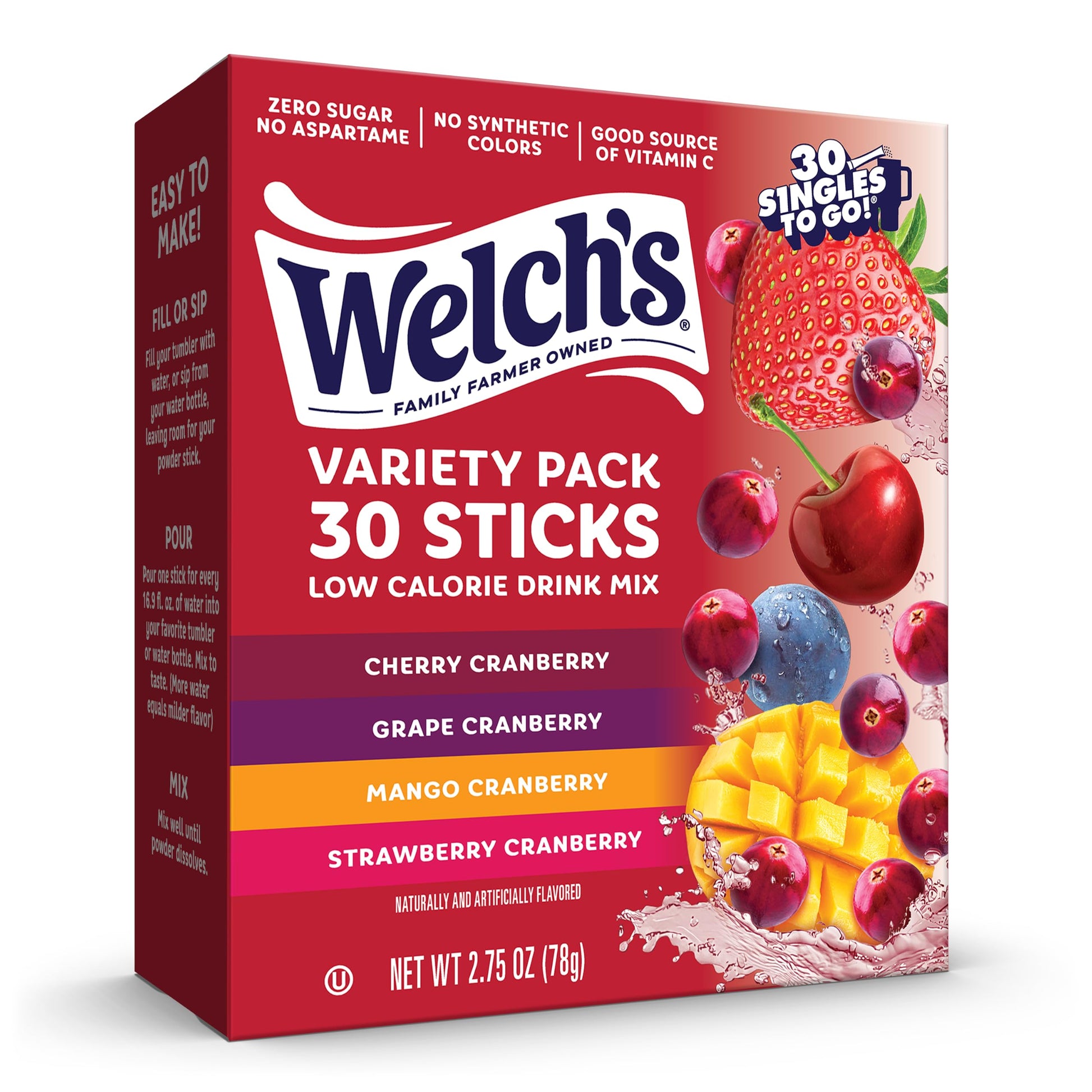 Welch's Singles To Go Variety Pack, Watertok Powdered Drink Mix, Includes 4 Flavors, Grape, Passion fruit, Strawberry Peach, Cherry Pomegranate, 1 Box (30 Servings)