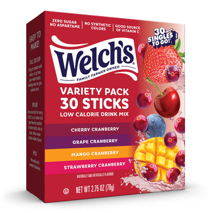 Welch's Singles To Go Variety Pack, Watertok Powdered Drink Mix, Includes 4 Flavors, Grape, Passion fruit, Strawberry Peach, Cherry Pomegranate, 1 Box (30 Servings)